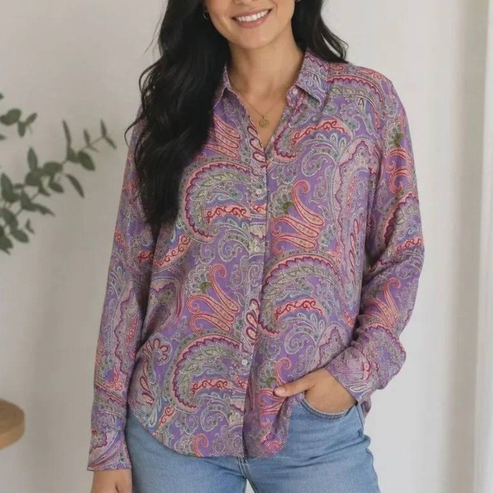 Lauren Ralph Lauren Button Down Womens 3X Paisley 100% Linen Long Sleeve